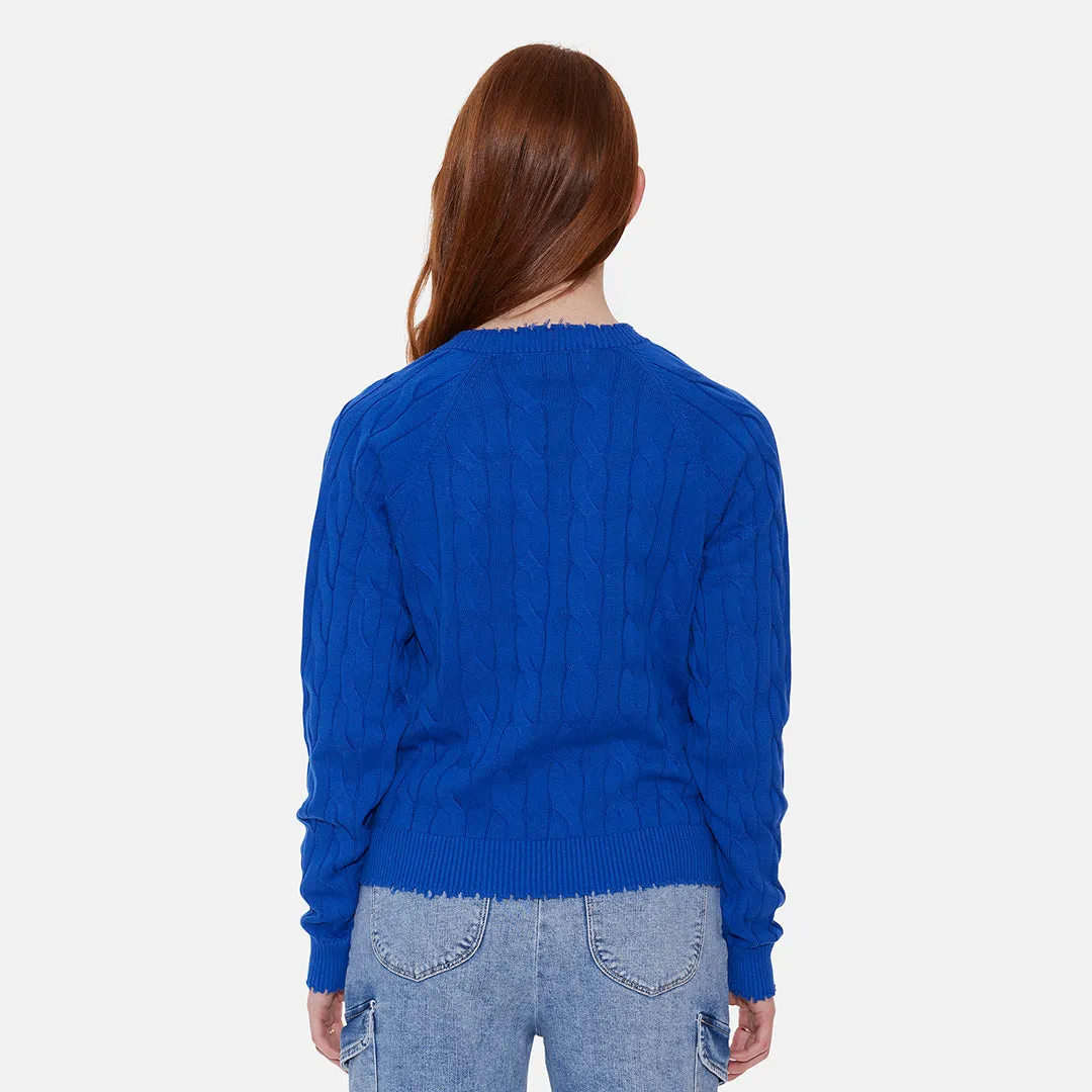 Amber Cable V Neck Sweater Bright Blue