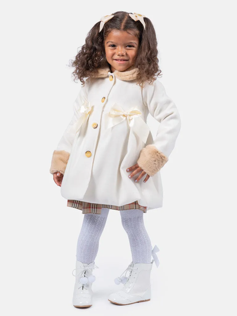 Baby Girl Elegant Coat with Fur and Satin Bows - Ivory