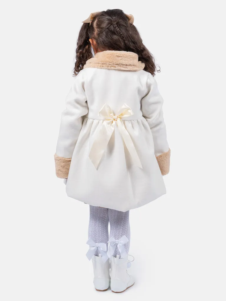 Baby Girl Elegant Coat with Fur and Satin Bows - Ivory