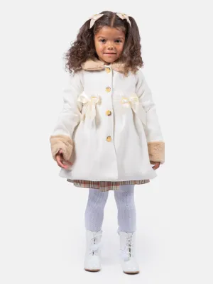 Baby Girl Elegant Coat with Fur and Satin Bows - Ivory