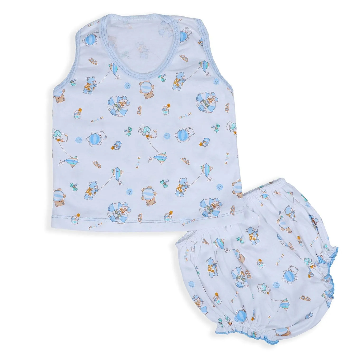 Baby Moo Kite Flying Bear Pure Cotton Sleeveless Vest With Matching Bottom 2pcs Set - Blue