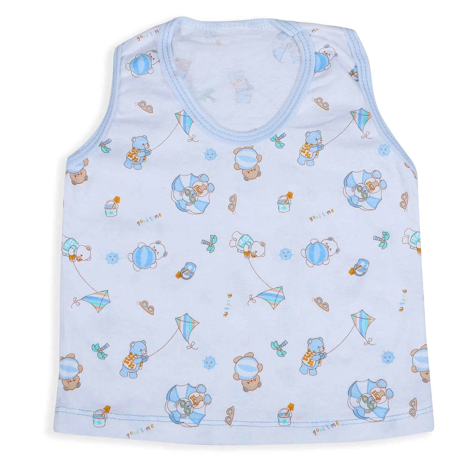 Baby Moo Kite Flying Bear Pure Cotton Sleeveless Vest With Matching Bottom 2pcs Set - Blue