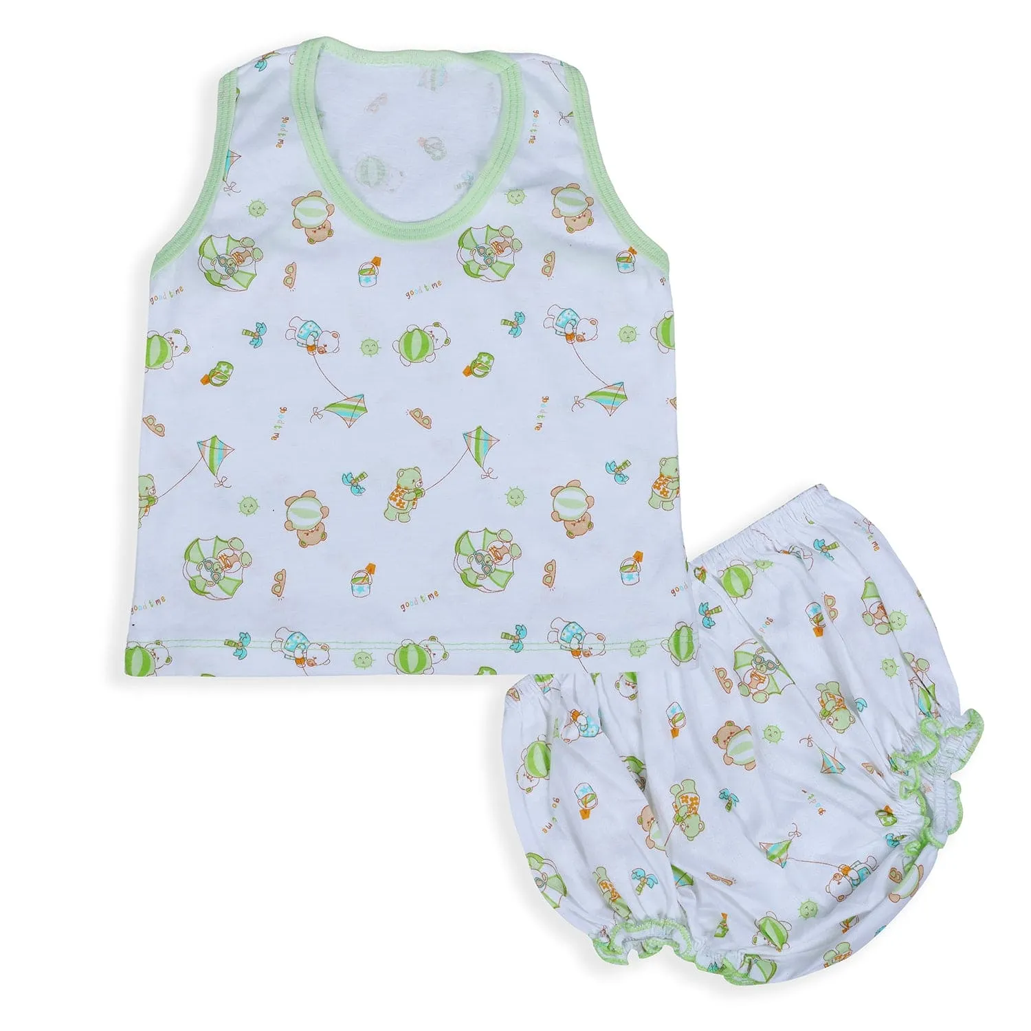 Baby Moo Kite Flying Bear Pure Cotton Sleeveless Vest With Matching Bottom 2pcs Set - Green