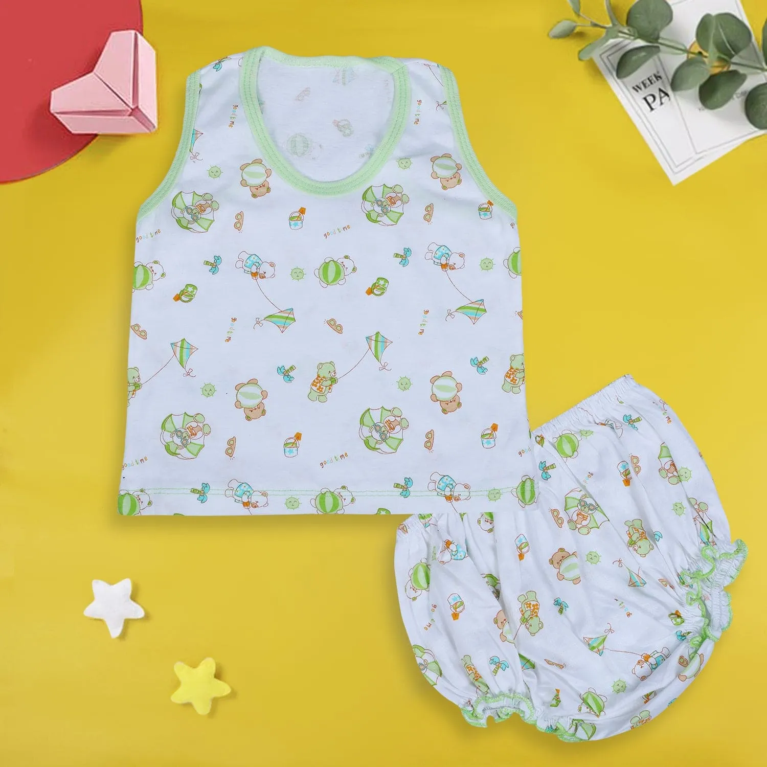 Baby Moo Kite Flying Bear Pure Cotton Sleeveless Vest With Matching Bottom 2pcs Set - Green