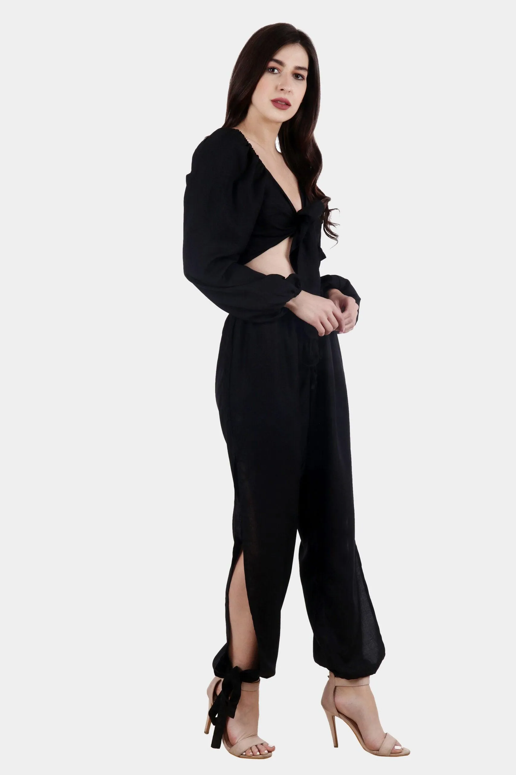 Black Solid Side Slit Rayon Bottom Tie Pyjamas