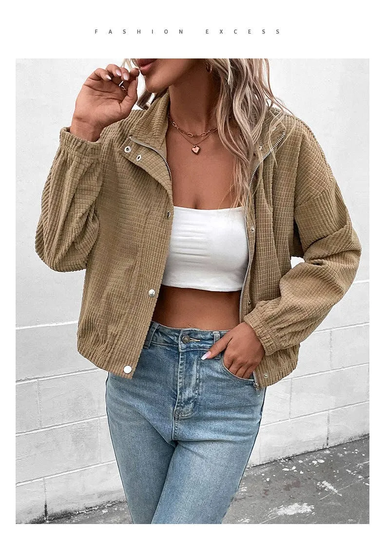 BROWN CROPPED CORDUROY ZIP UP BLOUSE