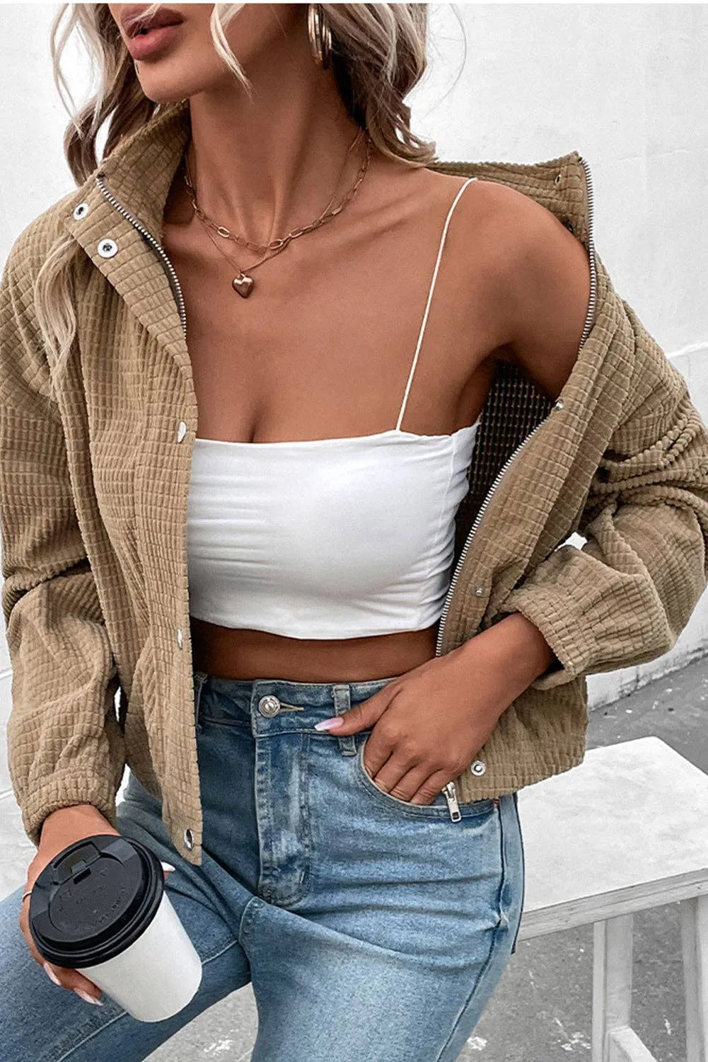 BROWN CROPPED CORDUROY ZIP UP BLOUSE