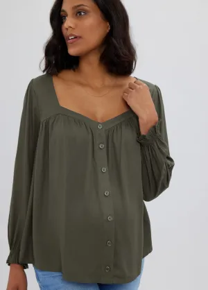 Button Front Sweetheart Blouse - Olive