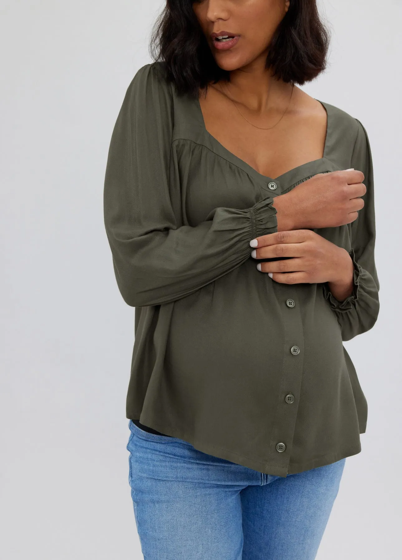 Button Front Sweetheart Blouse - Olive