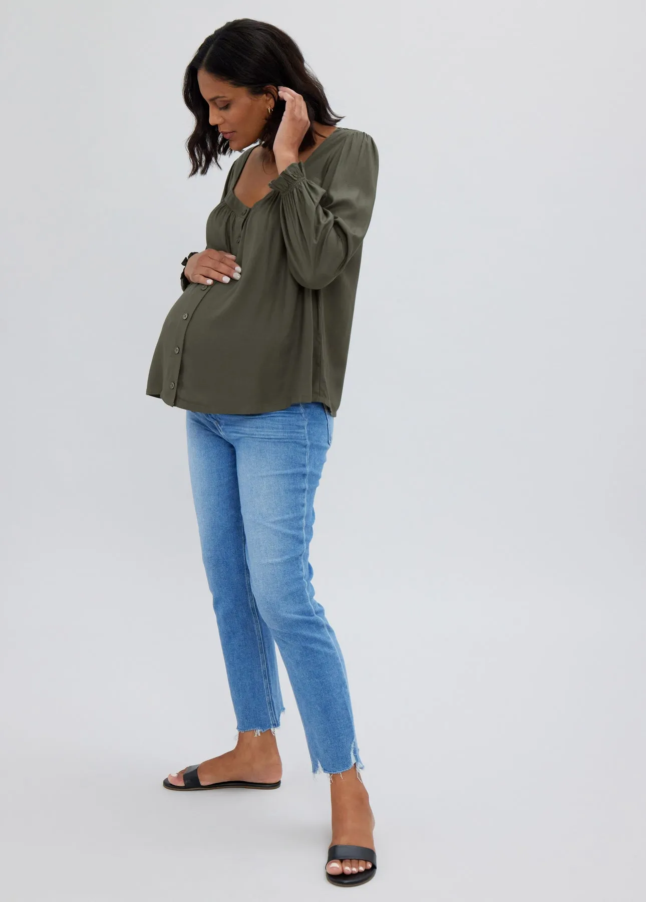 Button Front Sweetheart Blouse - Olive