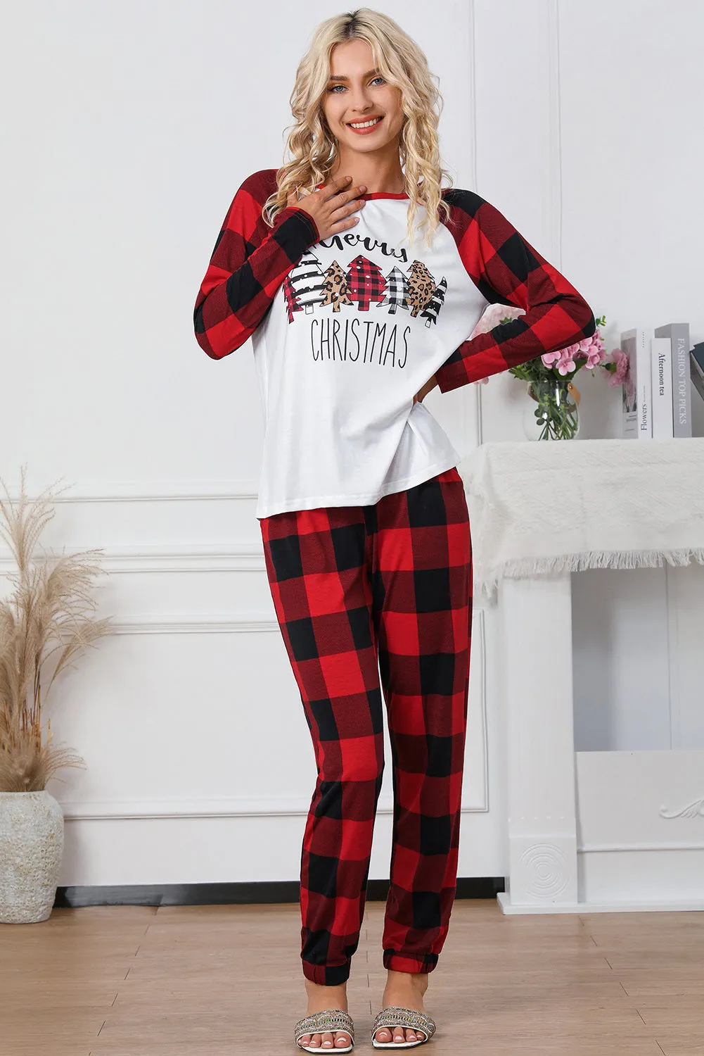 Christmas Pajama Sets | Fiery Red Plaid Merry Christmas Graphic Loungewear Set | Christmas Gift Ideas