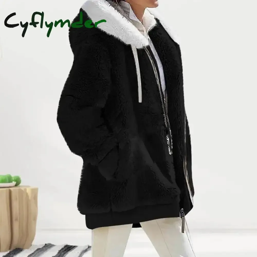 Cyflymder Women Winter Coat Solid Color Long Sleeves Zipper Cardigan Loose Warm Furry Plush Plus Size Lady Coat Winter Clothes