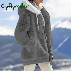 Cyflymder Women Winter Coat Solid Color Long Sleeves Zipper Cardigan Loose Warm Furry Plush Plus Size Lady Coat Winter Clothes