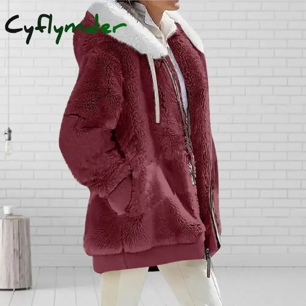 Cyflymder Women Winter Coat Solid Color Long Sleeves Zipper Cardigan Loose Warm Furry Plush Plus Size Lady Coat Winter Clothes