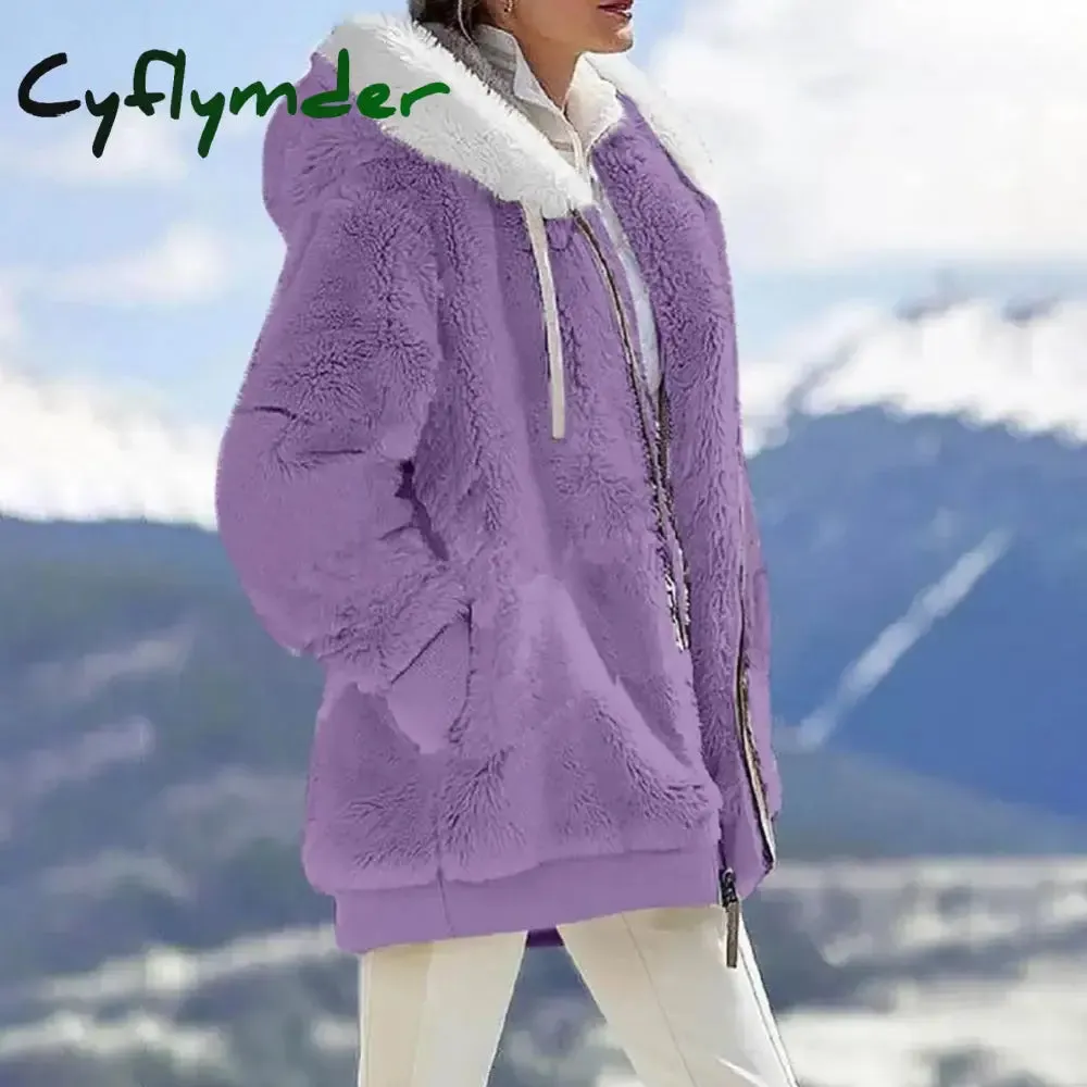 Cyflymder Women Winter Coat Solid Color Long Sleeves Zipper Cardigan Loose Warm Furry Plush Plus Size Lady Coat Winter Clothes