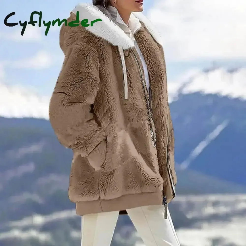 Cyflymder Women Winter Coat Solid Color Long Sleeves Zipper Cardigan Loose Warm Furry Plush Plus Size Lady Coat Winter Clothes