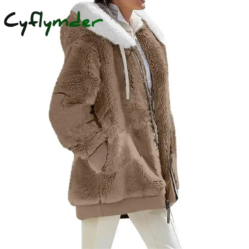 Cyflymder Women Winter Coat Solid Color Long Sleeves Zipper Cardigan Loose Warm Furry Plush Plus Size Lady Coat Winter Clothes