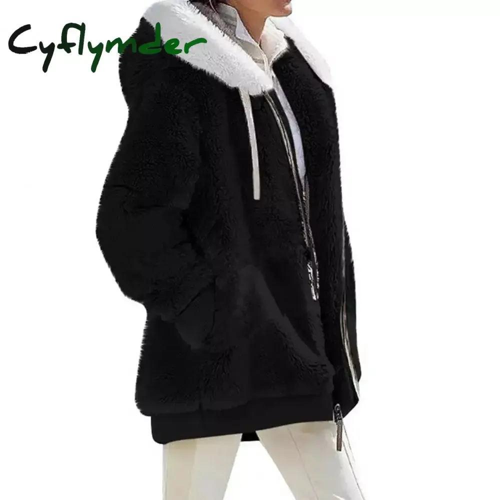 Cyflymder Women Winter Coat Solid Color Long Sleeves Zipper Cardigan Loose Warm Furry Plush Plus Size Lady Coat Winter Clothes