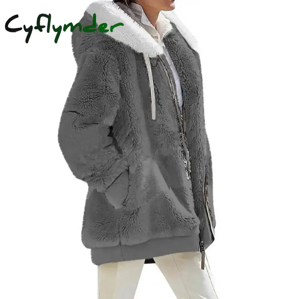 Cyflymder Women Winter Coat Solid Color Long Sleeves Zipper Cardigan Loose Warm Furry Plush Plus Size Lady Coat Winter Clothes