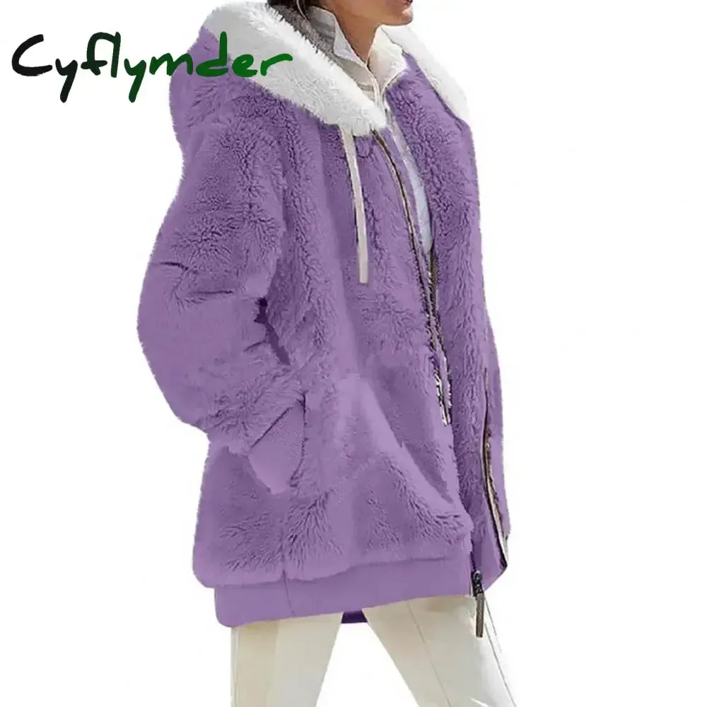 Cyflymder Women Winter Coat Solid Color Long Sleeves Zipper Cardigan Loose Warm Furry Plush Plus Size Lady Coat Winter Clothes