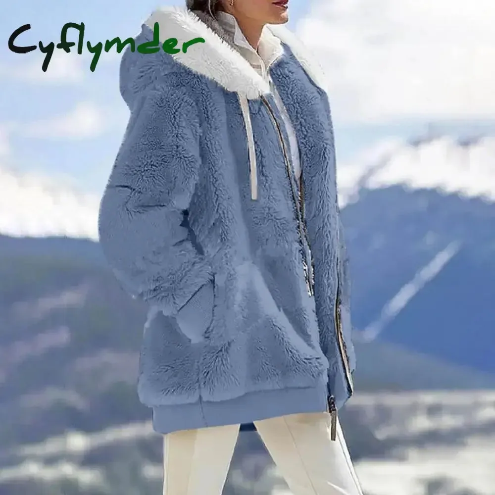 Cyflymder Women Winter Coat Solid Color Long Sleeves Zipper Cardigan Loose Warm Furry Plush Plus Size Lady Coat Winter Clothes