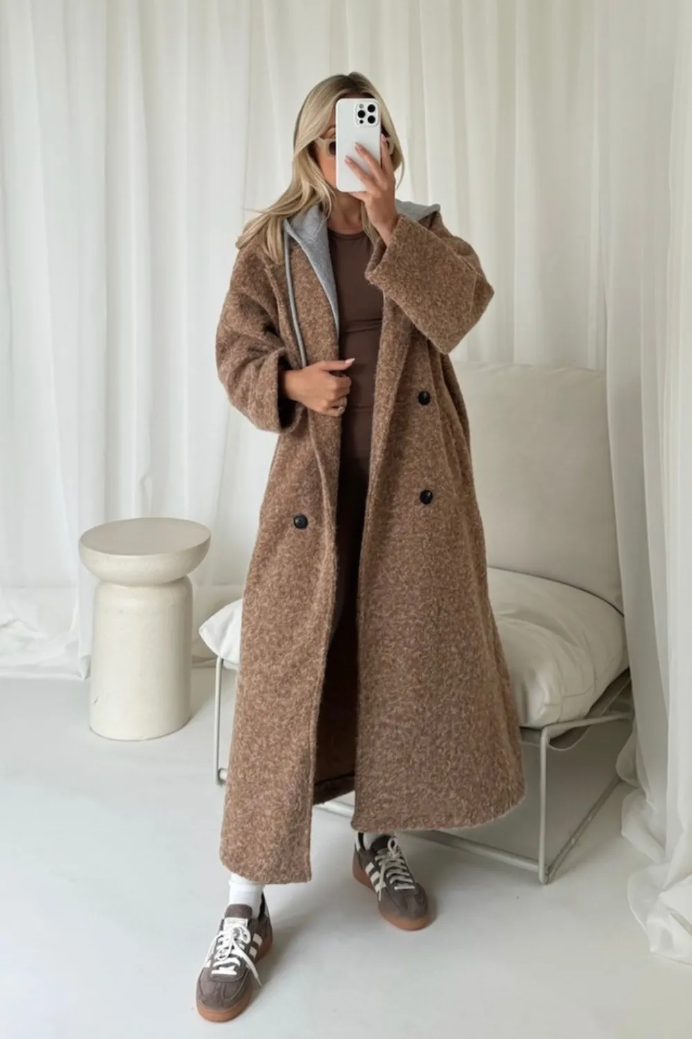 Demi mocha hooded longline coat