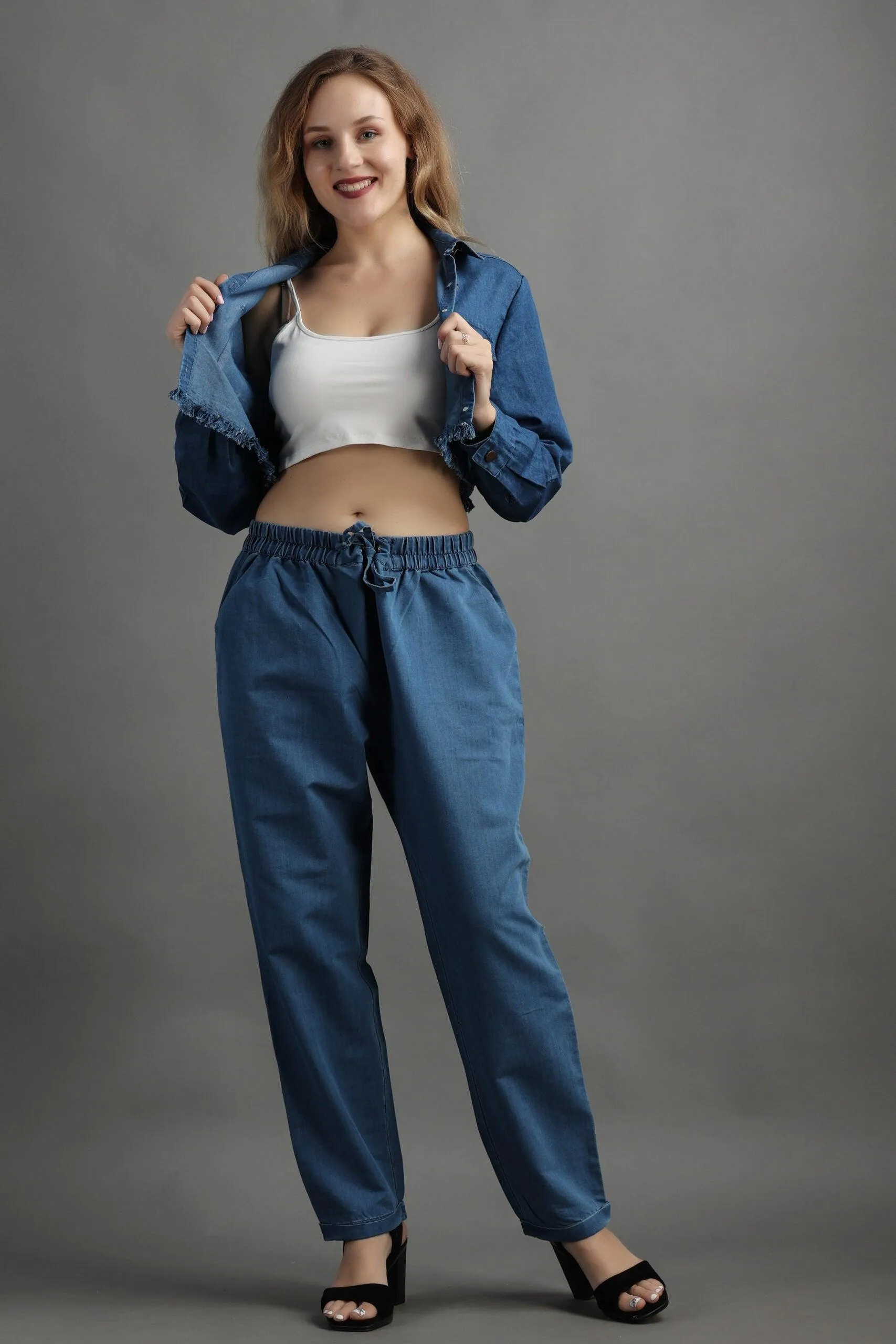 Denim Cropped Jacket with Pants Set