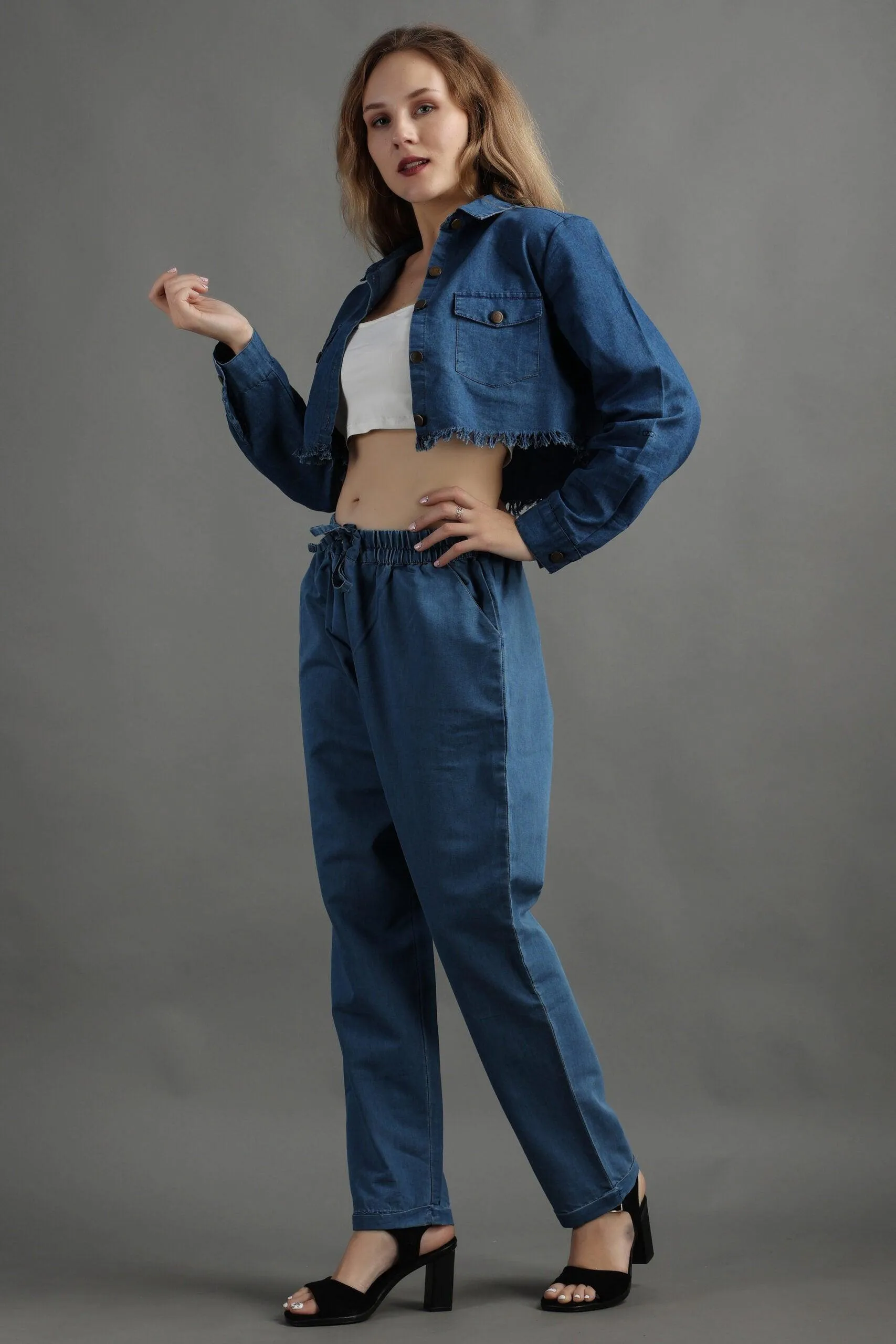 Denim Cropped Jacket with Pants Set