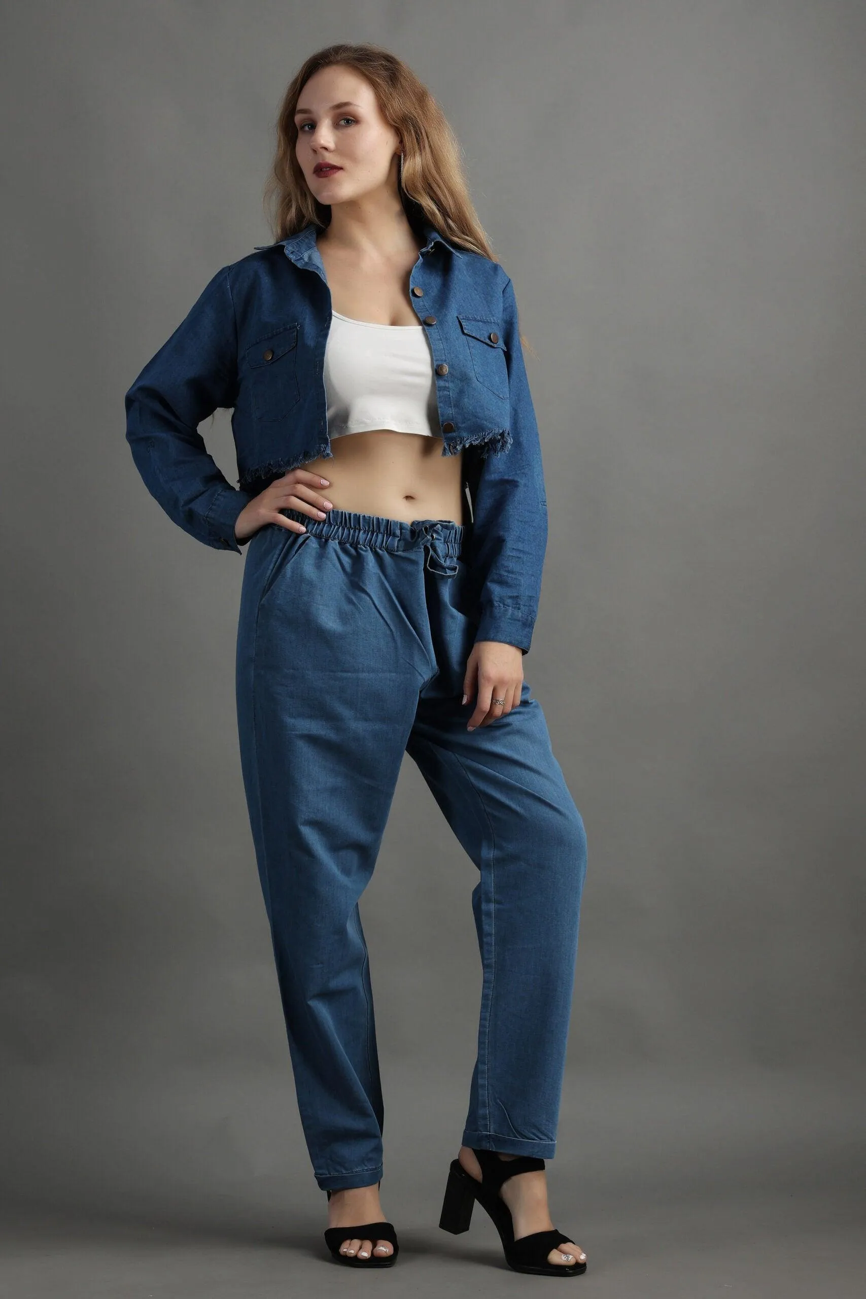 Denim Cropped Jacket with Pants Set