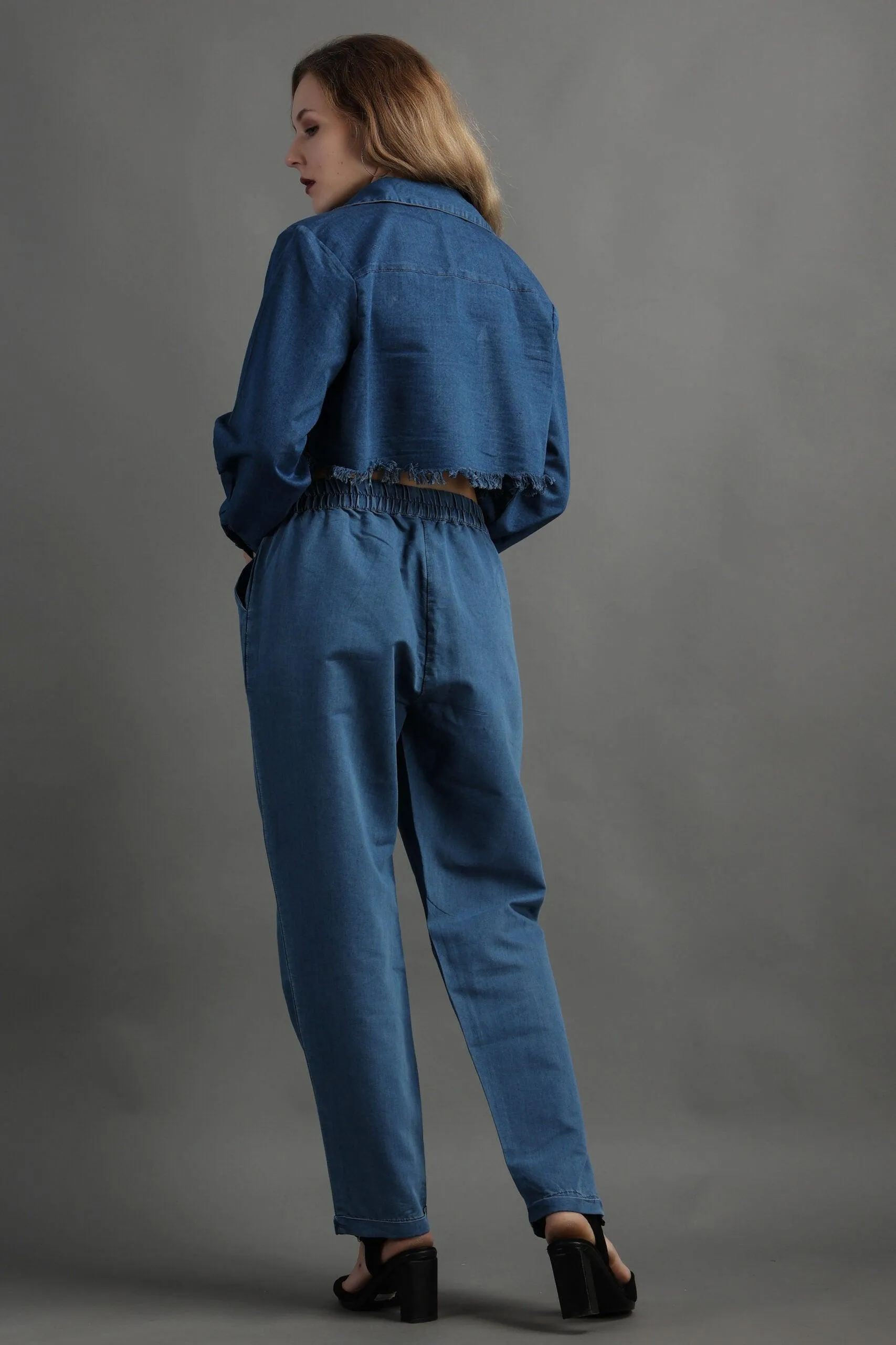 Denim Cropped Jacket with Pants Set