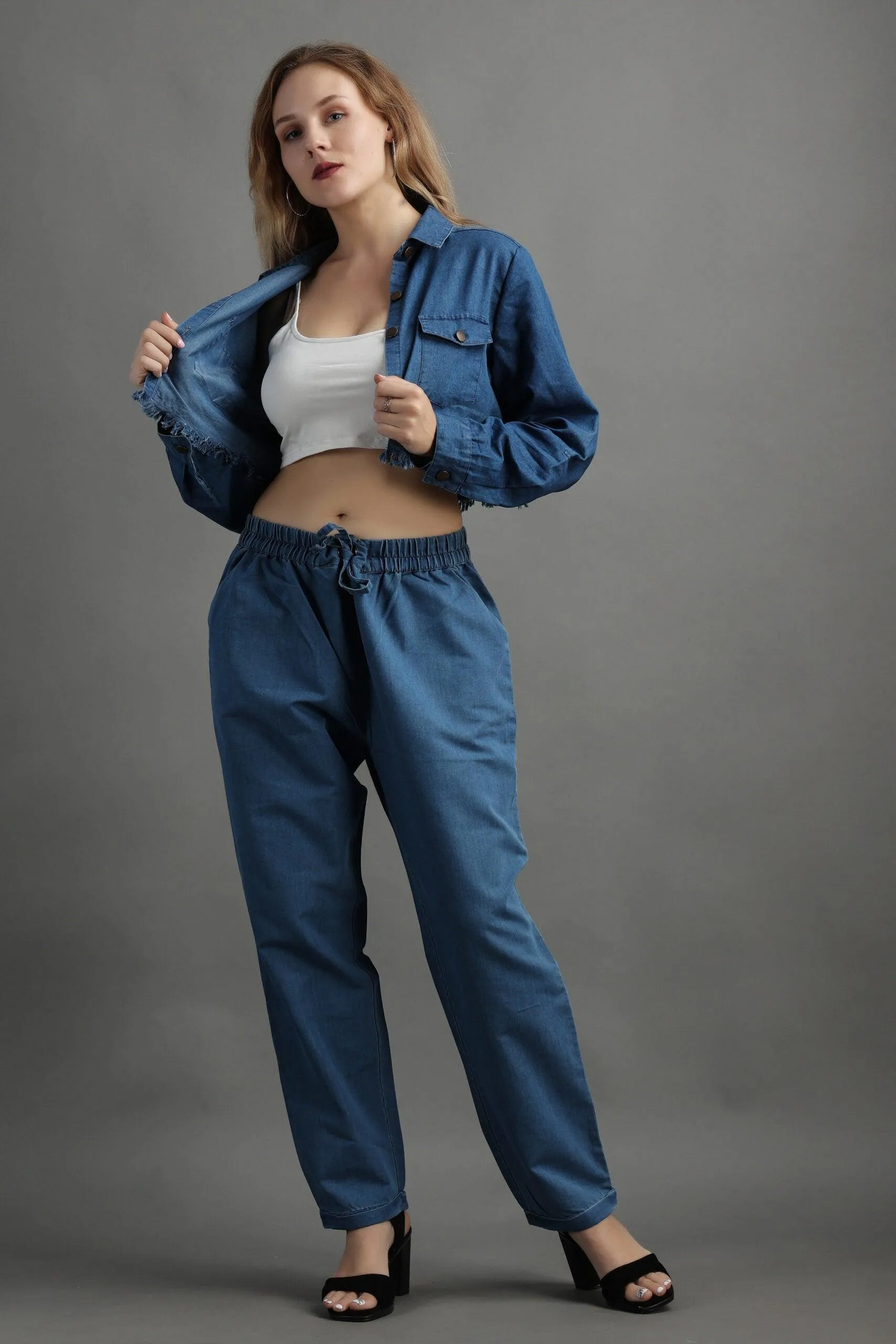 Denim Cropped Jacket with Pants Set