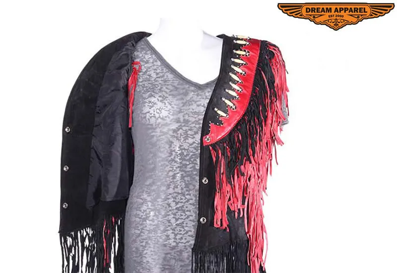 Dream Apparel Womens Leather Vest with Black & Red Fringes