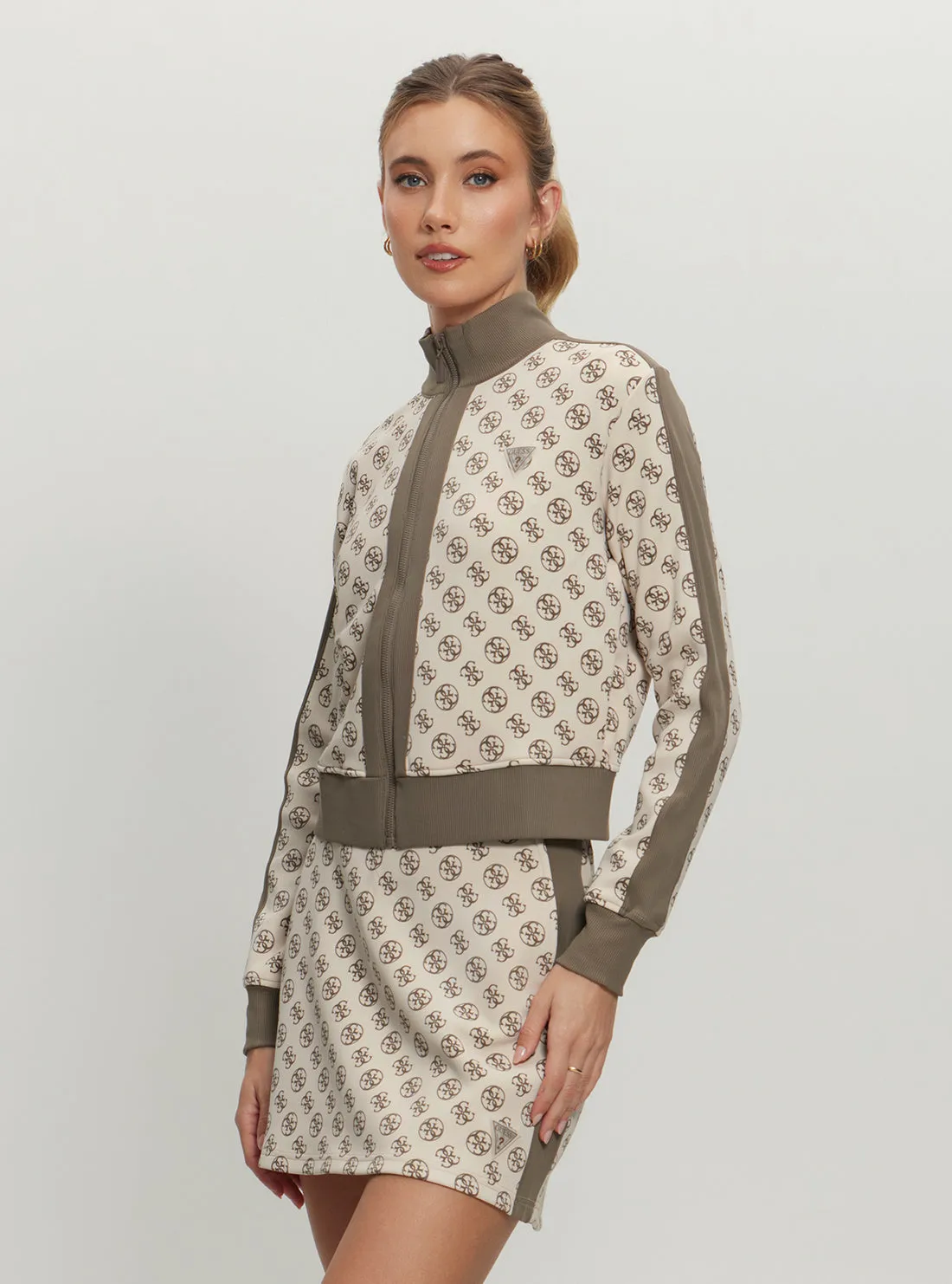 Eco Beige Logo Print Elea Zip Jacket