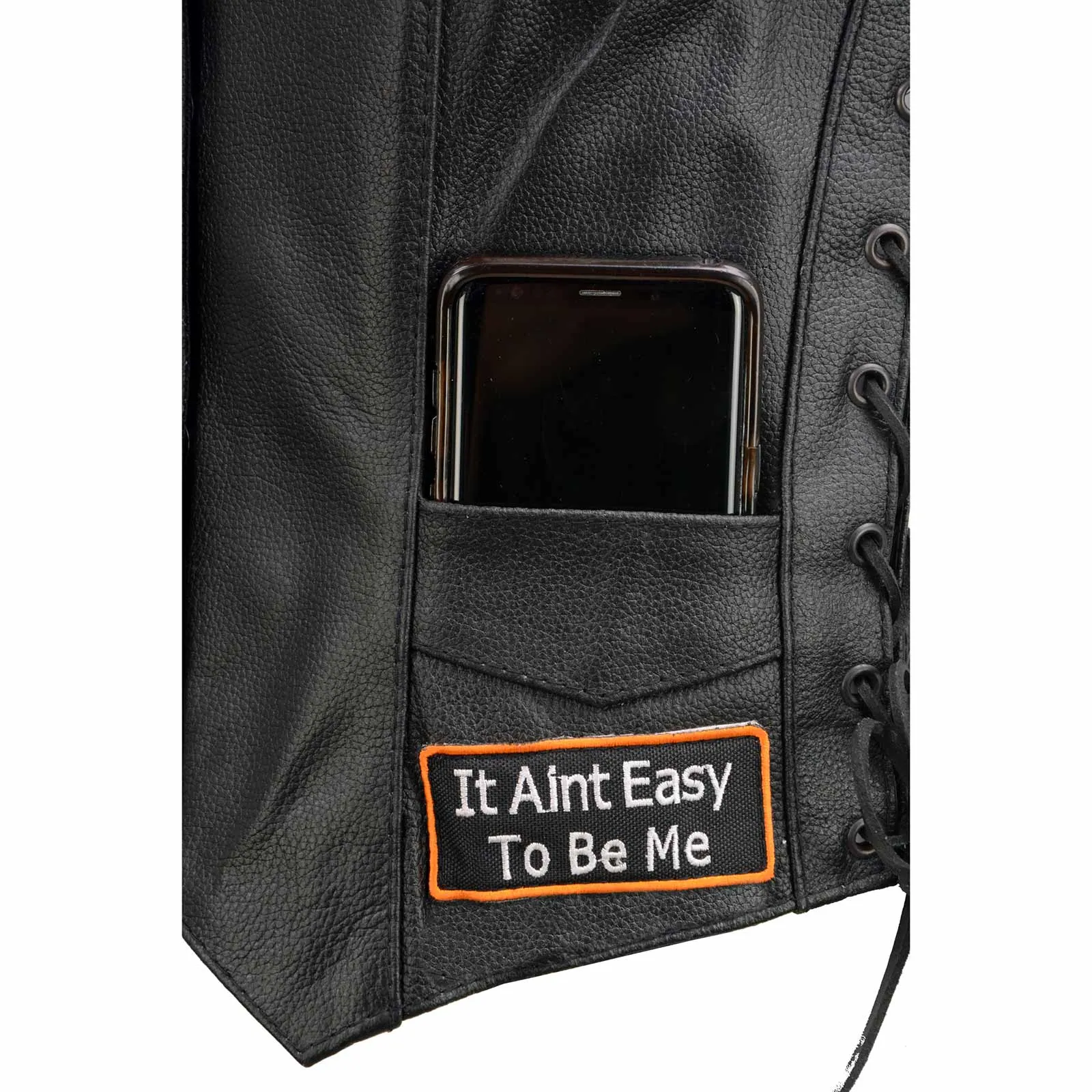 Event Leather ELL4900 Women’s 'Love to Ride' Black Leather Motorcycle Patched Embroidered Vests with Side Laces