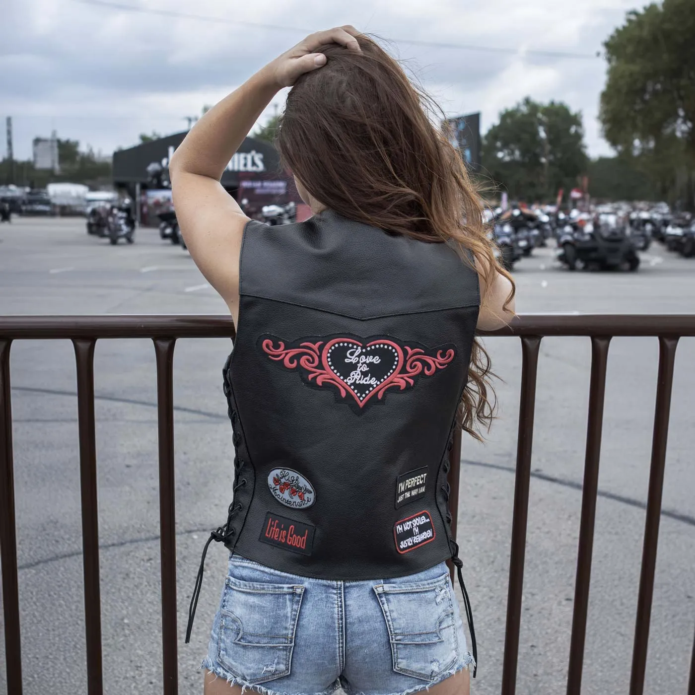 Event Leather ELL4900 Women’s 'Love to Ride' Black Leather Motorcycle Patched Embroidered Vests with Side Laces