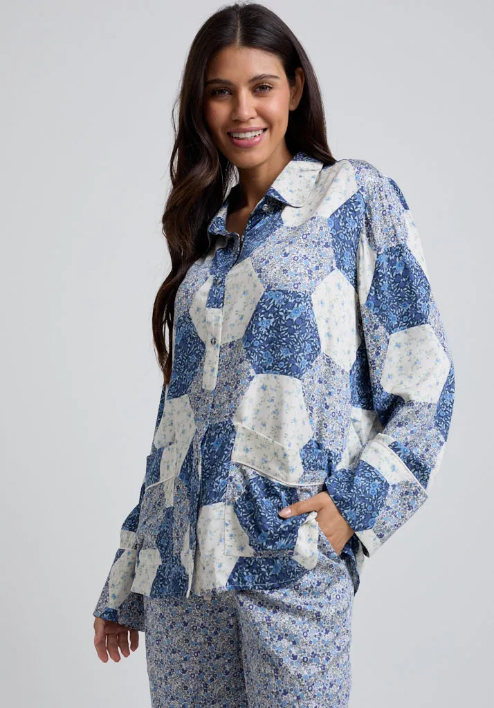 Evie Long Sleeve Aster Patchwork Print Pyjama Set In Blue