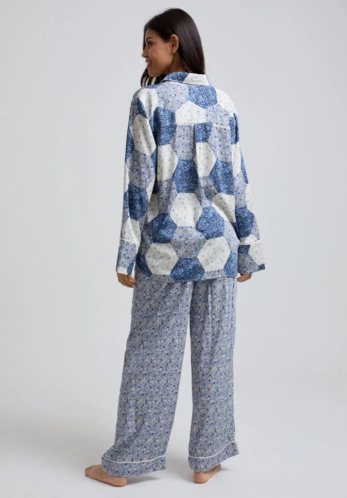 Evie Long Sleeve Aster Patchwork Print Pyjama Set In Blue