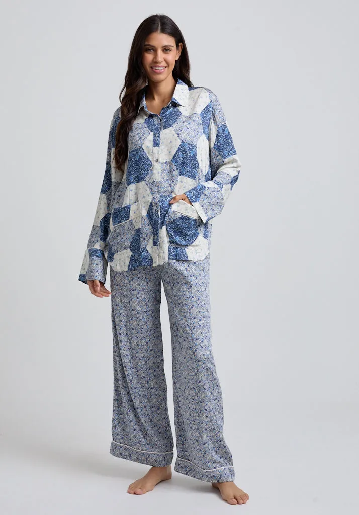 Evie Long Sleeve Aster Patchwork Print Pyjama Set In Blue