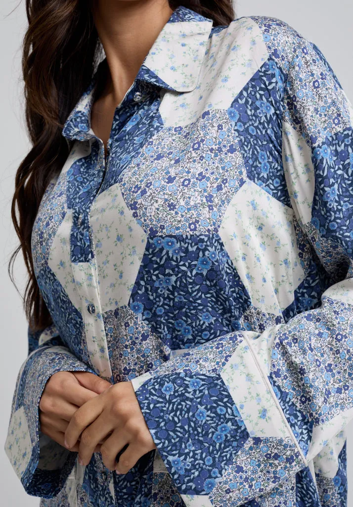 Evie Long Sleeve Aster Patchwork Print Pyjama Set In Blue