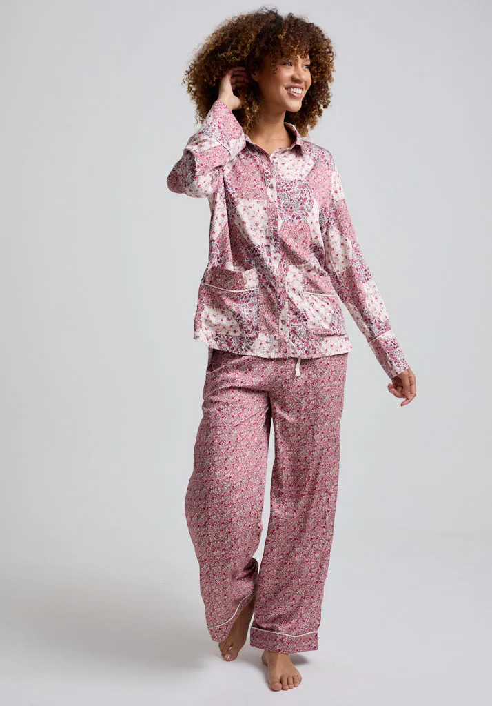 Evie Long Sleeve Aster Patchwork Print Pyjama Set In Pink