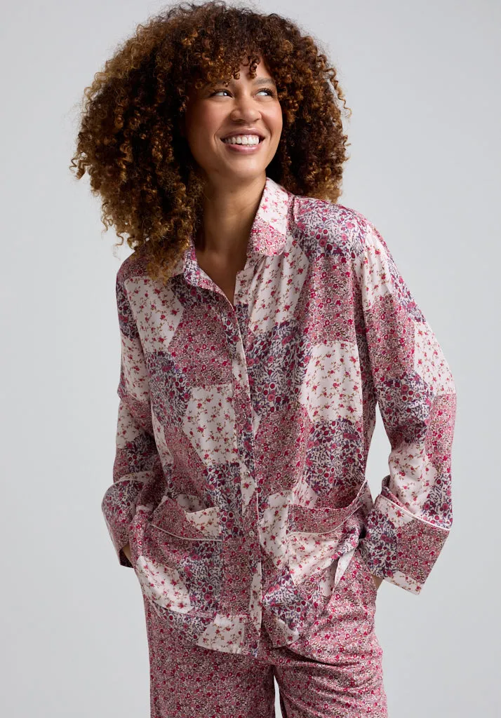 Evie Long Sleeve Aster Patchwork Print Pyjama Set In Pink