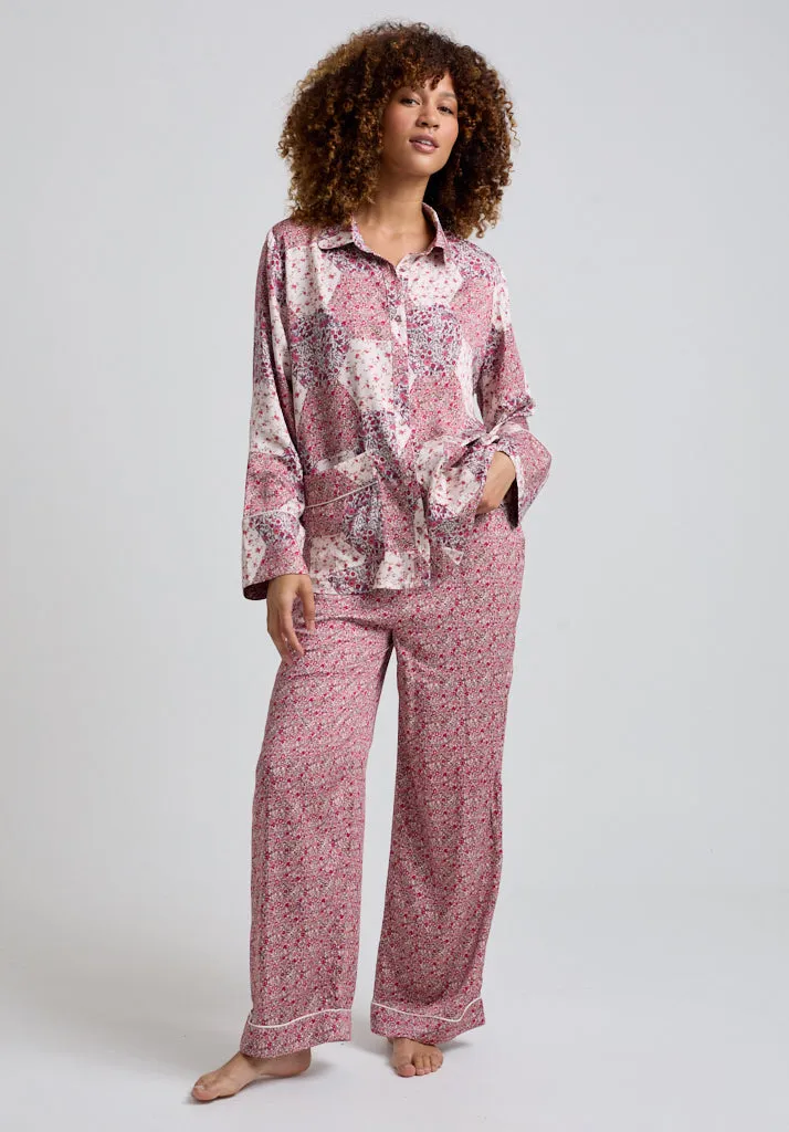 Evie Long Sleeve Aster Patchwork Print Pyjama Set In Pink