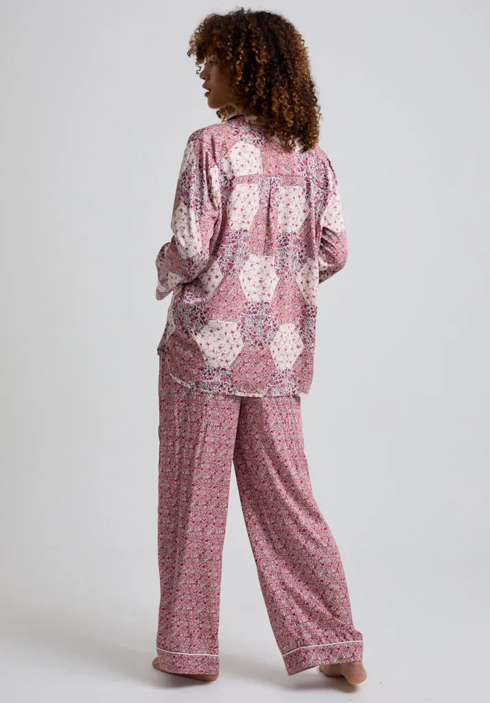 Evie Long Sleeve Aster Patchwork Print Pyjama Set In Pink