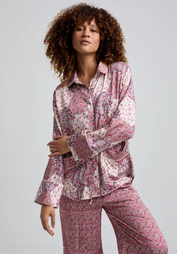 Evie Long Sleeve Aster Patchwork Print Pyjama Set In Pink