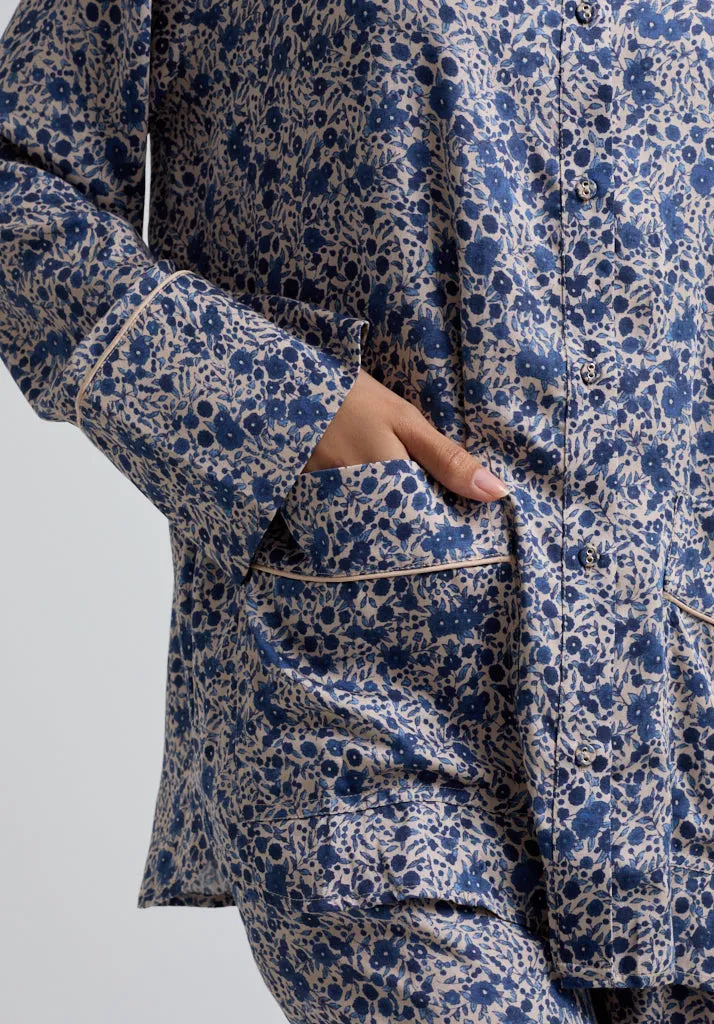 Evie Long Sleeve Aster Print Pyjama Set In Blue