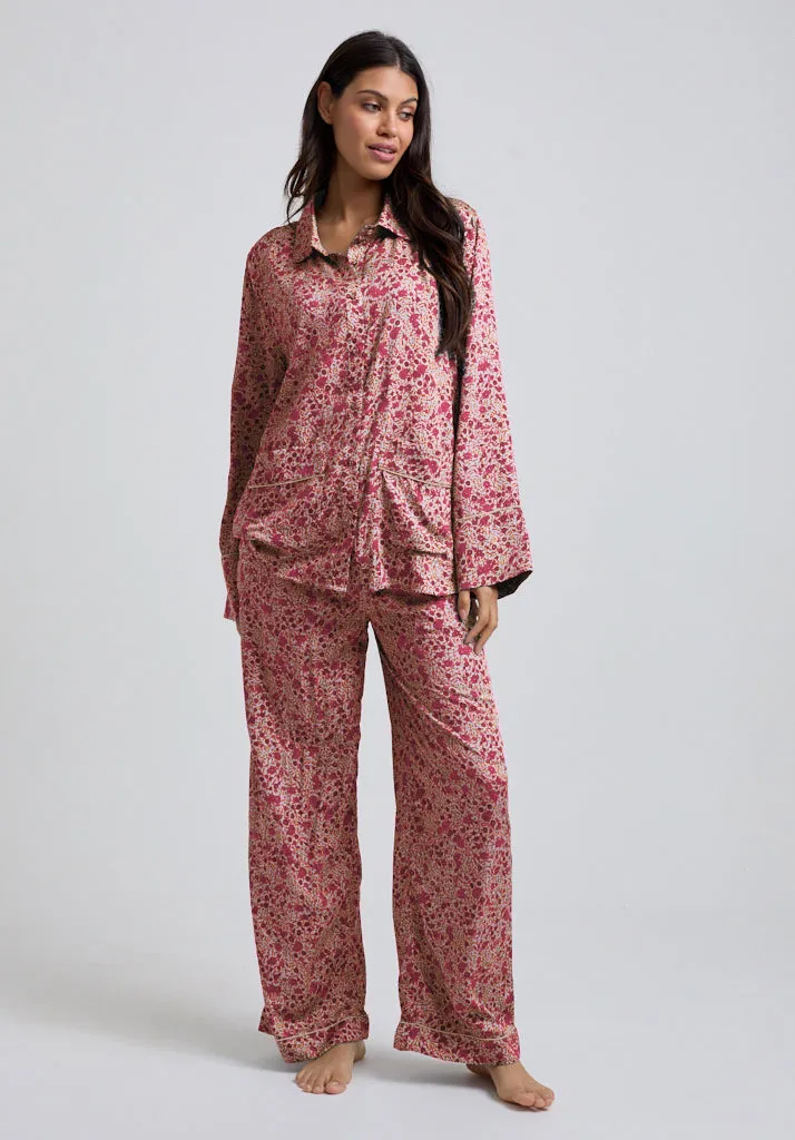 Evie Long Sleeve Aster Print Pyjama Set In Pink