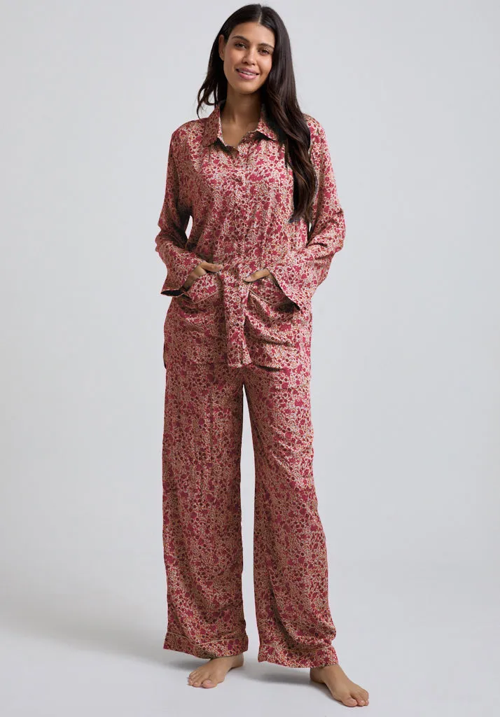 Evie Long Sleeve Aster Print Pyjama Set In Pink