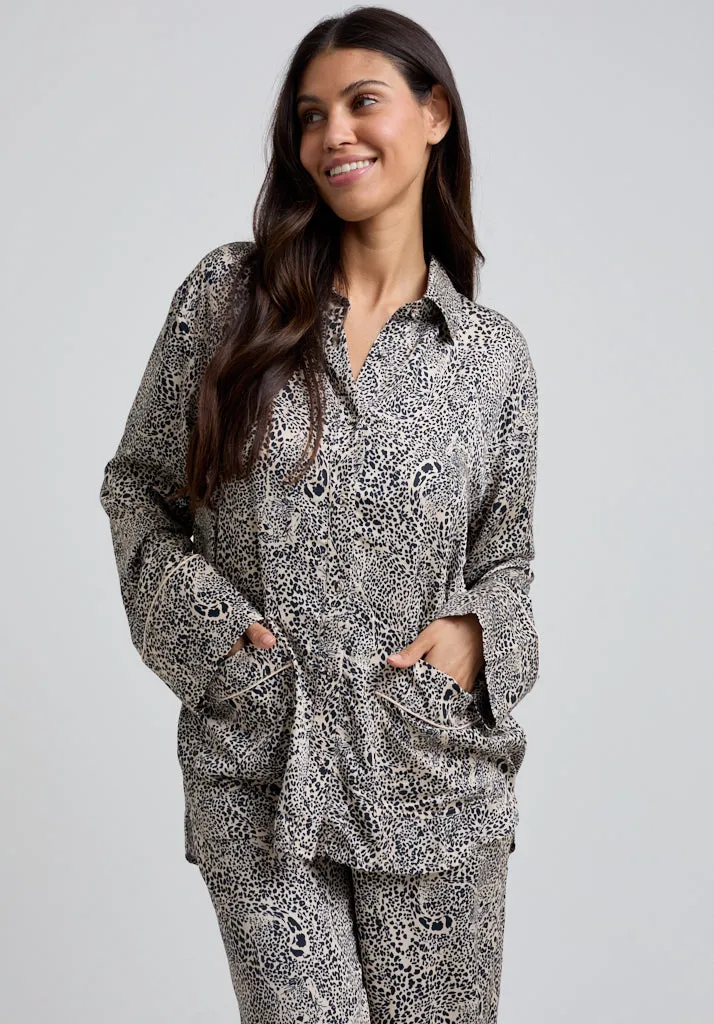 Evie Long Sleeve Hidden Leopard Print Pyjama Set In Cream