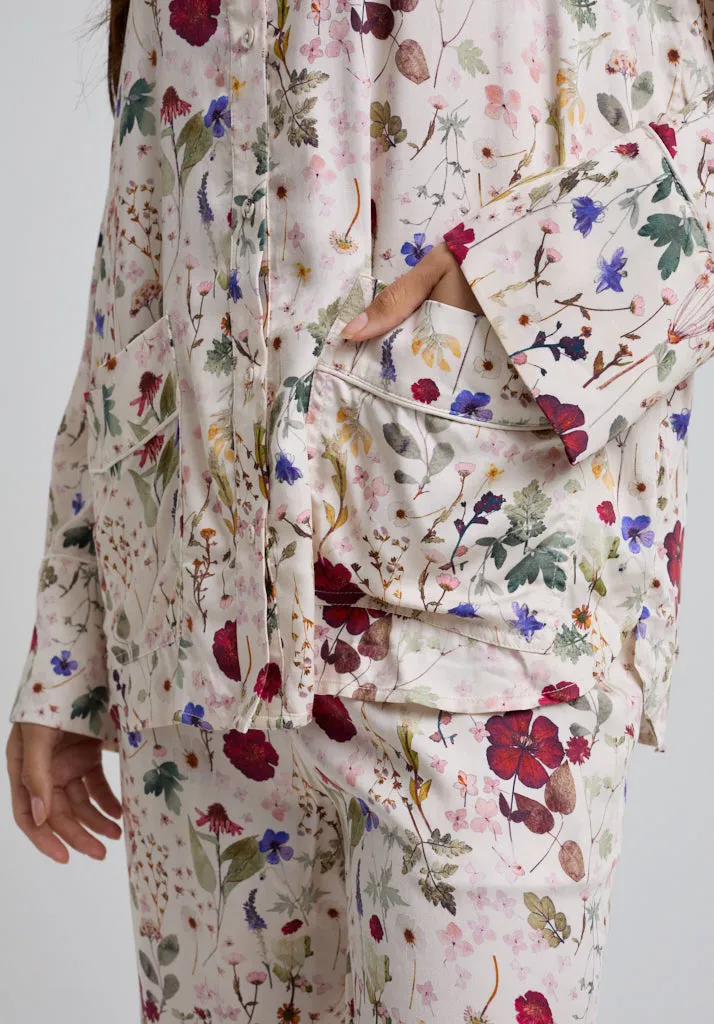 Evie Long Sleeve Pressed Floral Print Pyjama Set In Cream