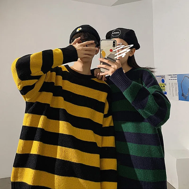 Fashionkova  Autumn Winter Striped Knitted Sweater Women Casual Oversized Pullover Sweaters Couple Harajuku Streetwear Loose Warm Jumper